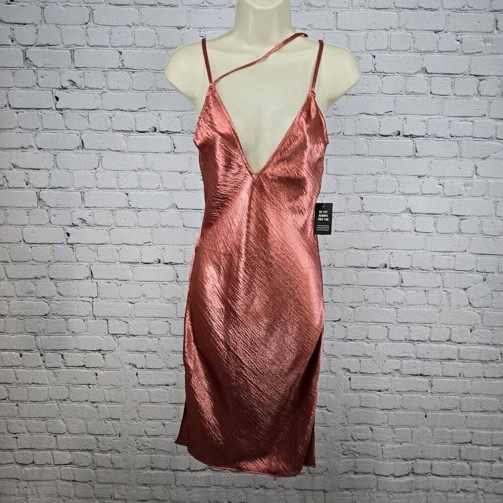 NWD Express Metallic Rose Gold Cocktail Slip Dress Strappy Chest Side Slits Sz 0